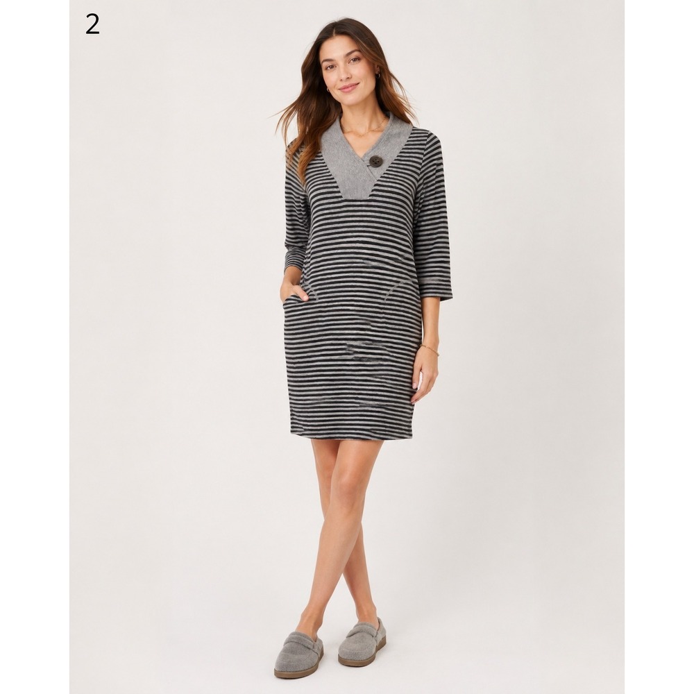Soft Surroundings Sweater Dress Womens XS Gray Stripe Pockets Chunky Button